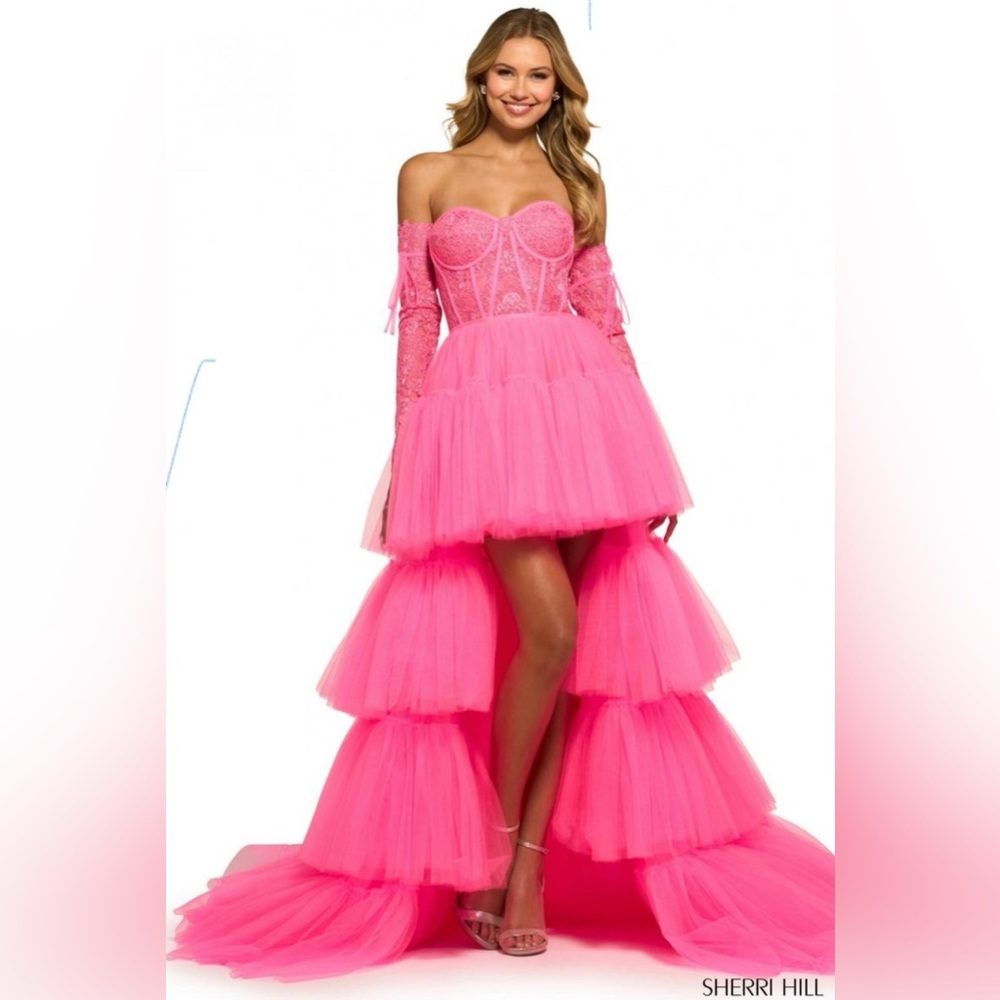Sherri Hill Pink High Low Gown with Bishop Sleeves and Sweetheart Neckline